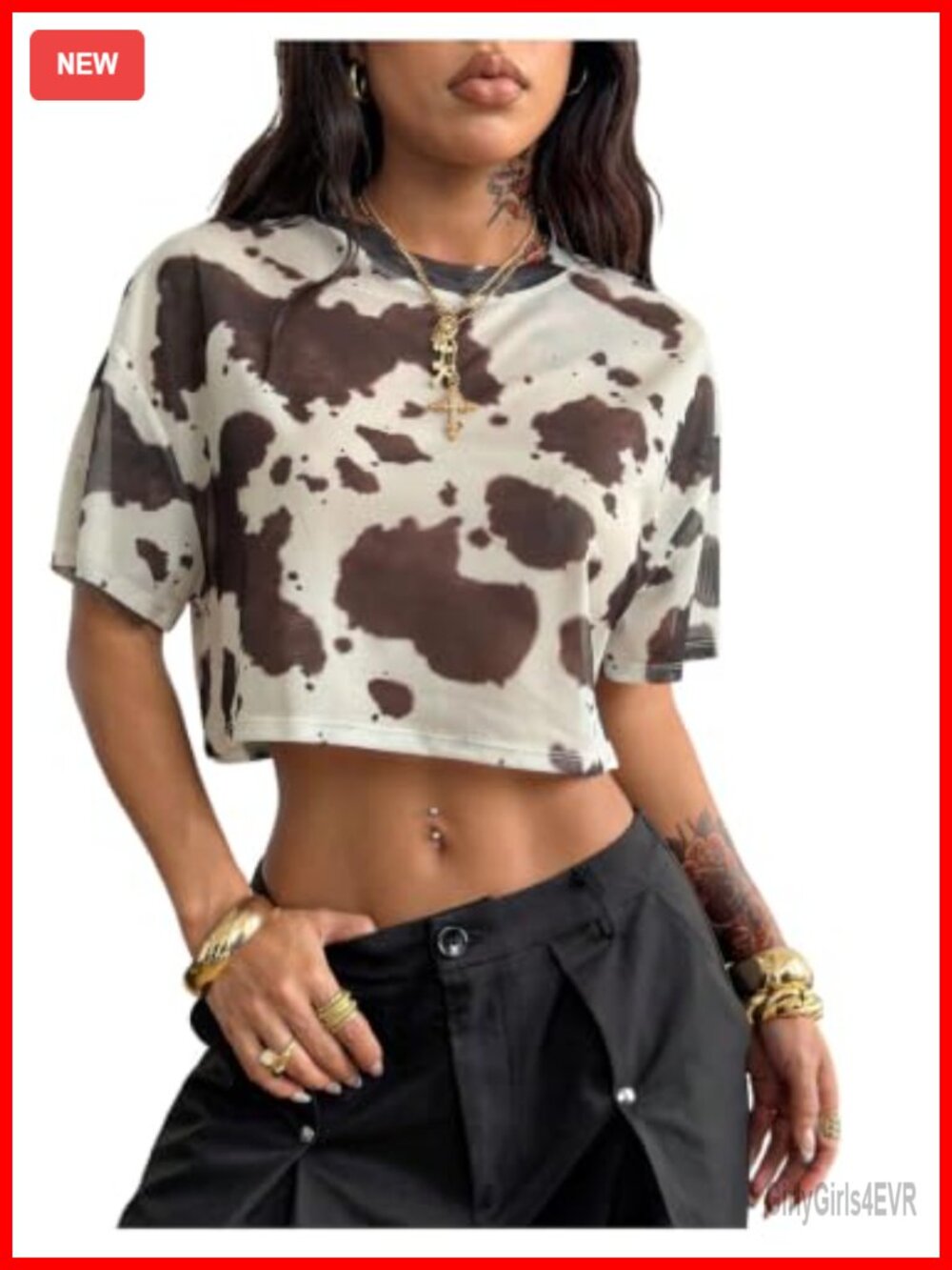 Women's Cow Print Crop Top Short Sleeve Crew Neck T-Shirt Western